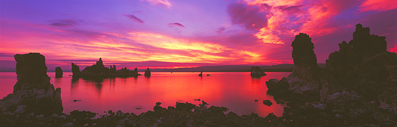 Fine Art Panoramic Landscape Photography Exploding Red Sunrise at Mono Lake, Eastern Sierra